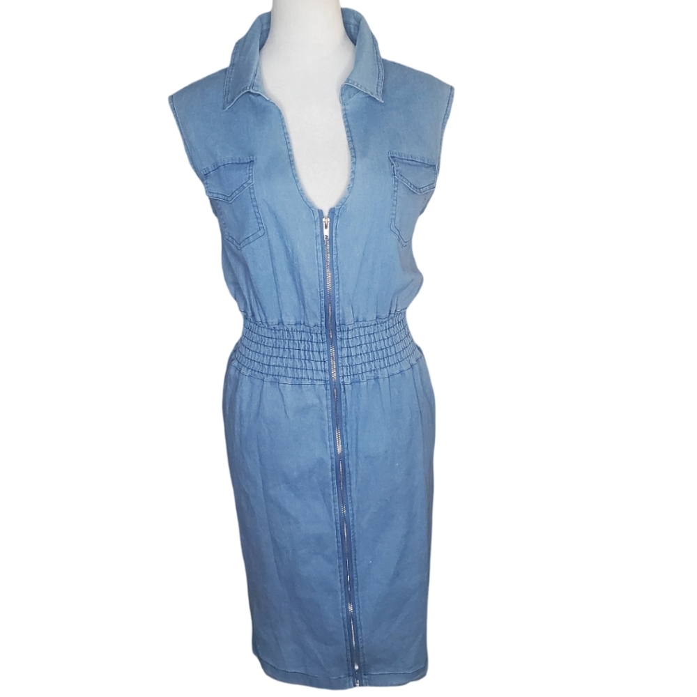 Cupro Bronamina Sleeveless Denim Blue Zip Up Dress